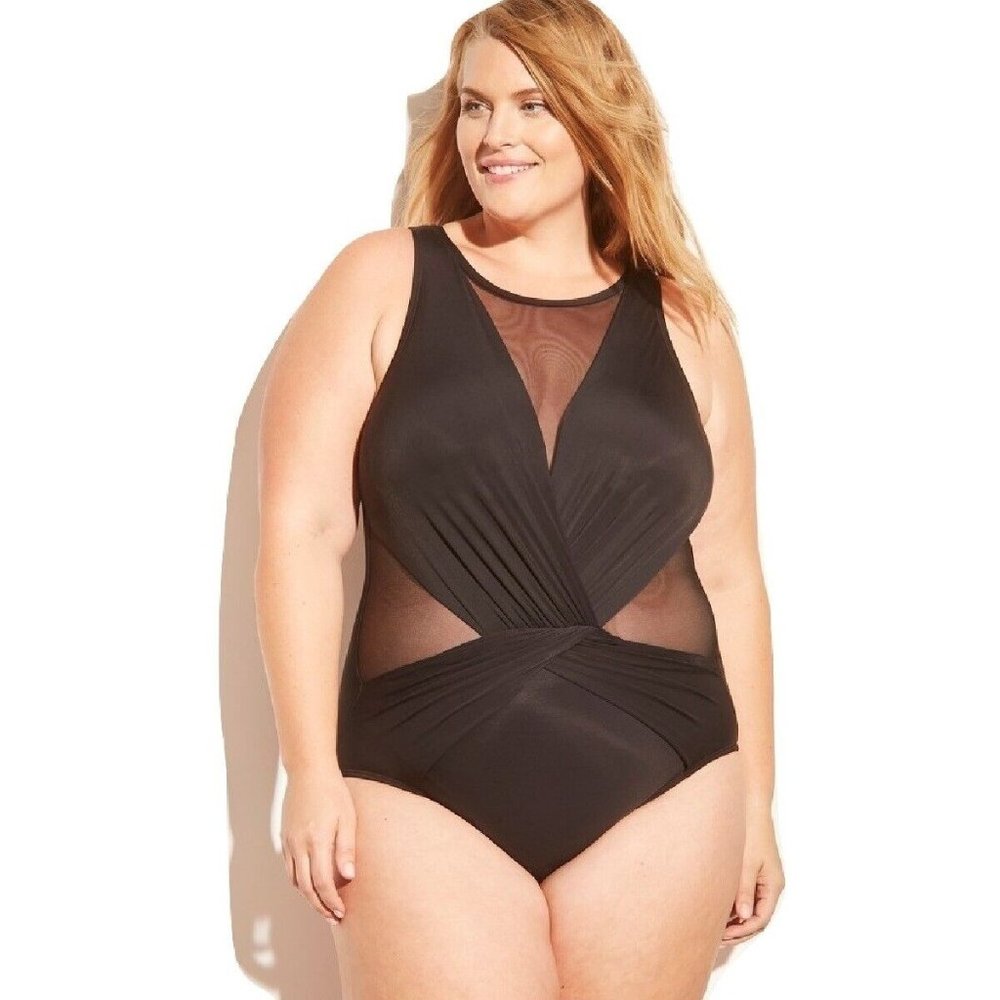 Aqua Green Women's Plus Size Mesh Inset One Piece Swimsuit Black 18W
